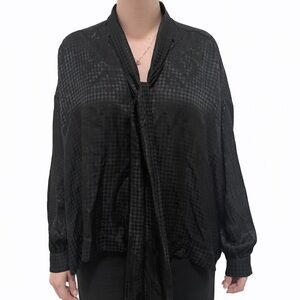 Balenciaga 2020 Black Satin Houndstooth Tie Neck Bow Blouse Sz 34